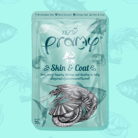 Pramy Skin & Coat Tuna topping Shrimp and Scallop in Jelly Recipe 70g