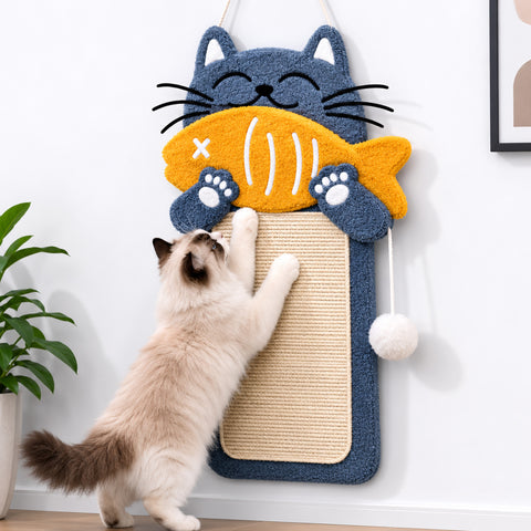 Cute Cat Wall Scratching Post with Sisal Pad & Hanging Ball Toy