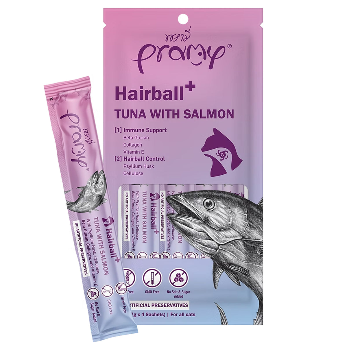 Pramy Hairball Tuna & Salmon Treat 14gx4 for Cats