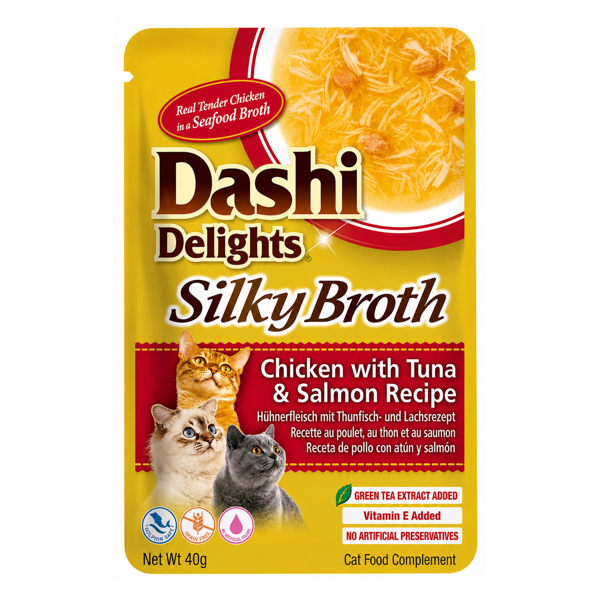 INABA Dashi Delights Silky Broth Chicken with Tuna & Salmon Recipe Cat Treat 40g
