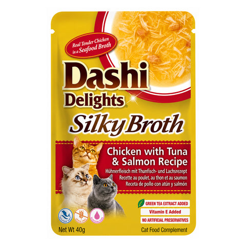 INABA Dashi Delights Silky Broth Chicken with Tuna & Salmon Recipe Cat Treat 40g