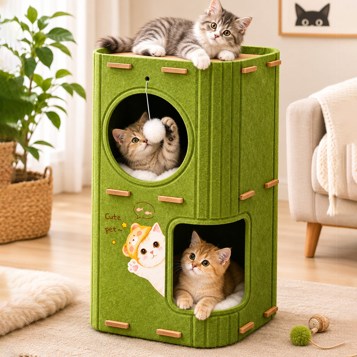 Interactive Cat Play House with Scratcher & Hanging Toy 2 Layers