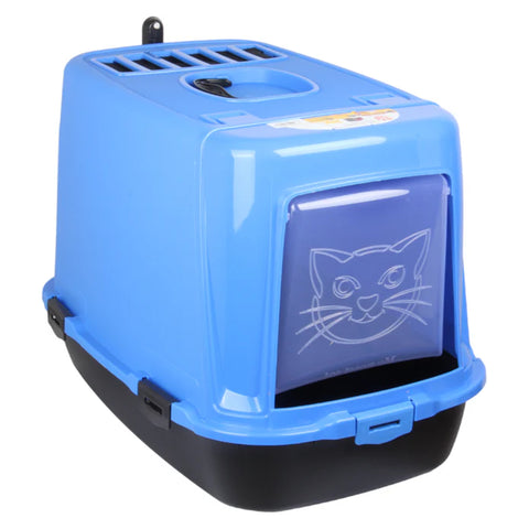 Pet Hooded Litter Tray Box with Scoop. Carbon Filter Litter Box. Blue.