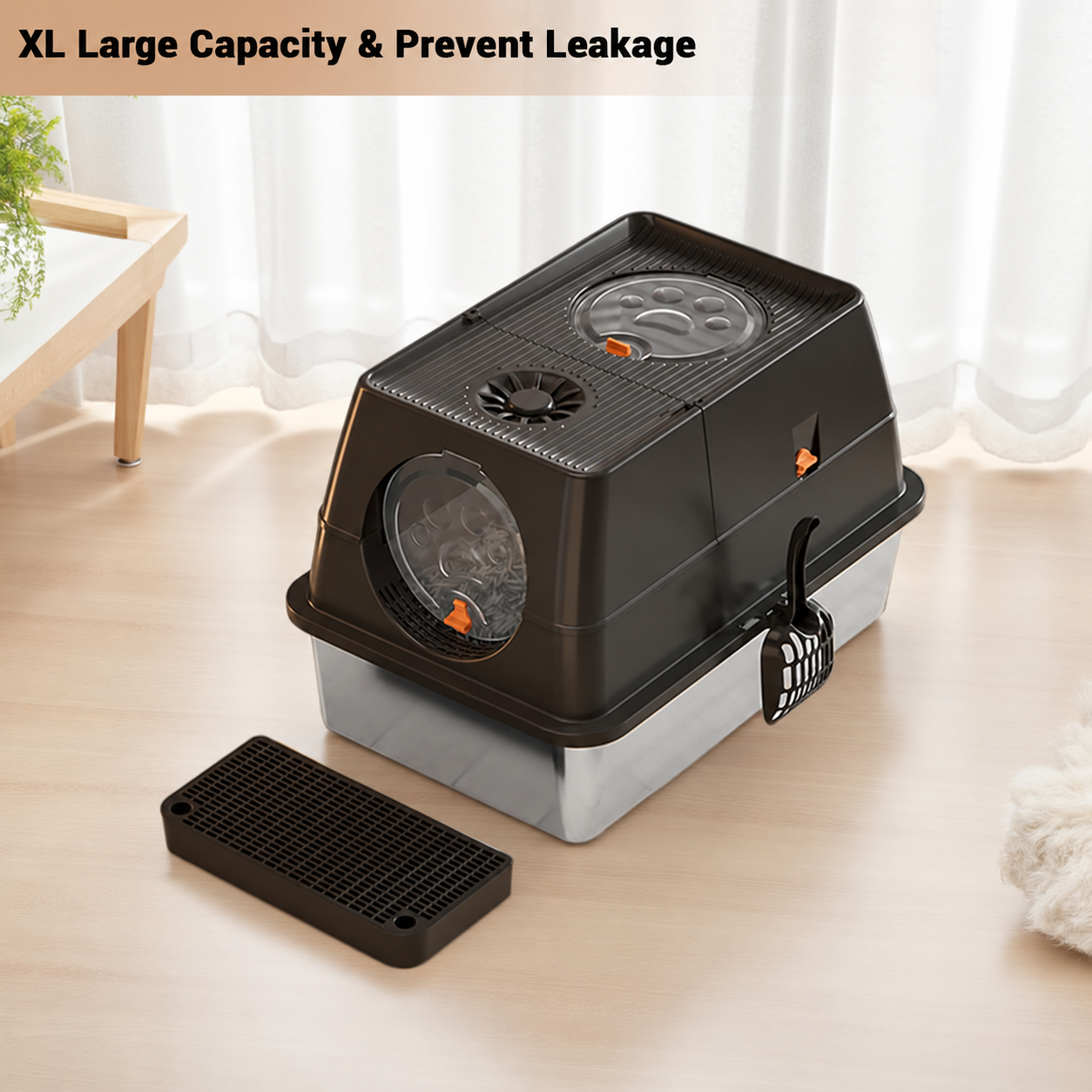 Black Enclosed Cat Litter Box with Stainless Steel Base, Step and Scoop