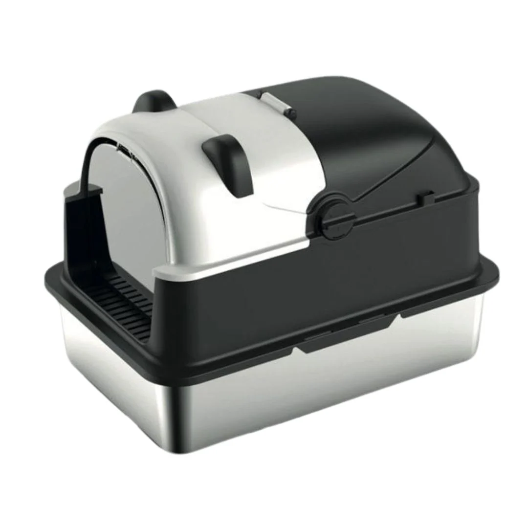 Black and White Hooded Stainless Steel Cat Litter Box 44.8 x 40.3 x 60.3 cm