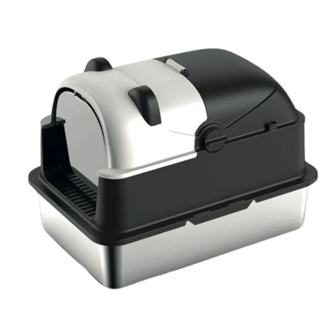Black and White Hooded Stainless Steel Cat Litter Box 44.8 x 40.3 x 60.3 cm