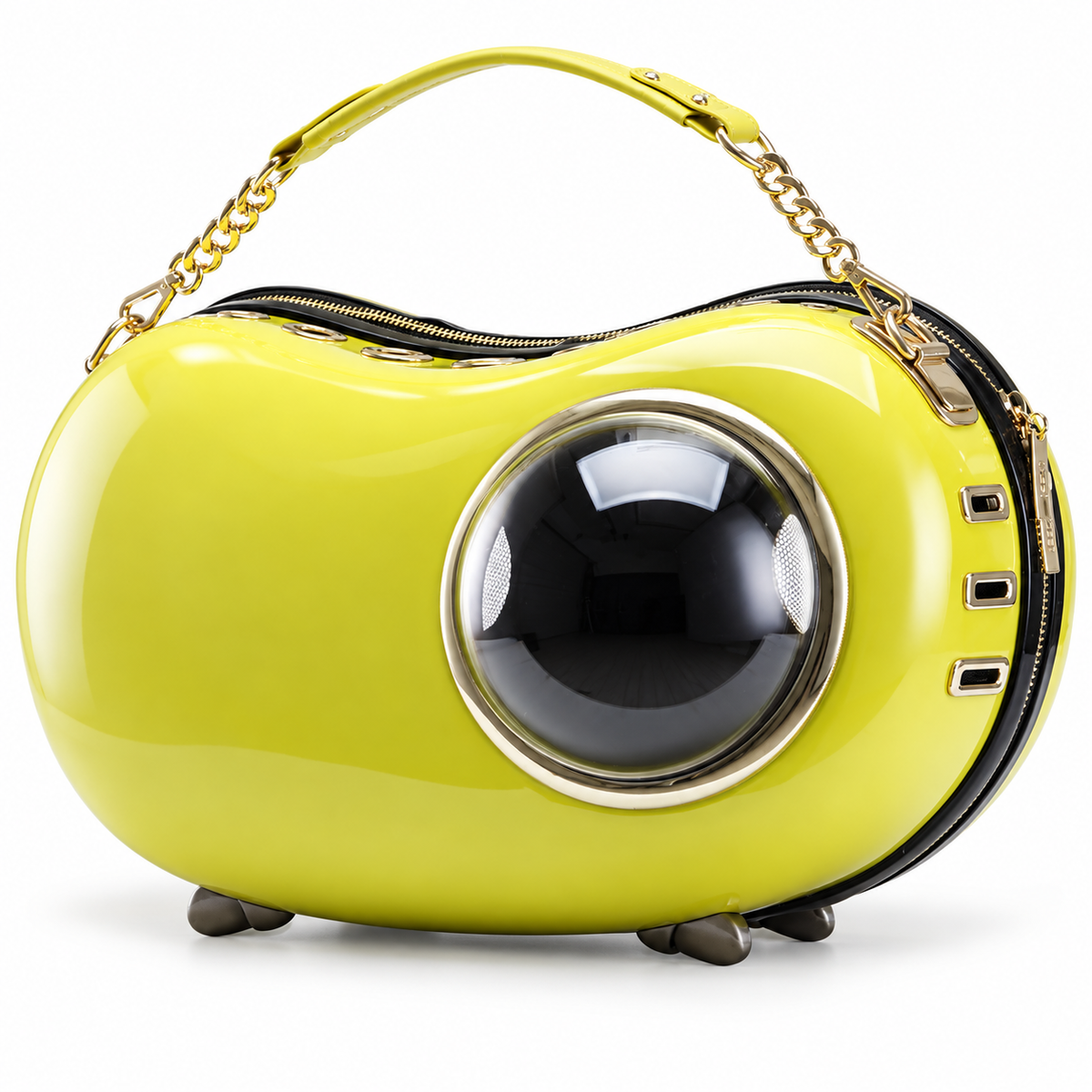 Bubble window pet shoulder carrier with chain-linked handle on white background