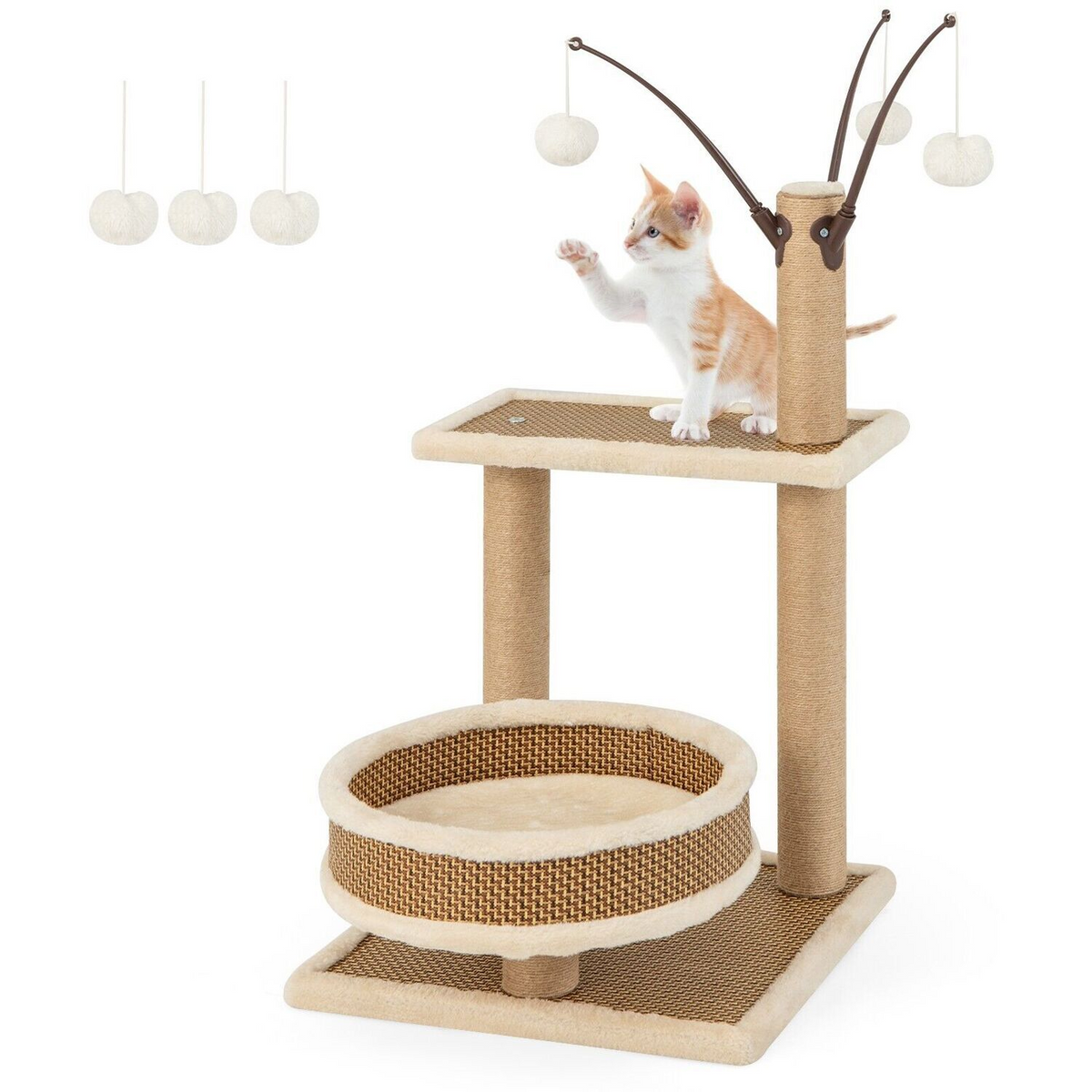 Cat Scratching Tree with Round Bed and Hanging Toys 77 x 40 x 40 cm