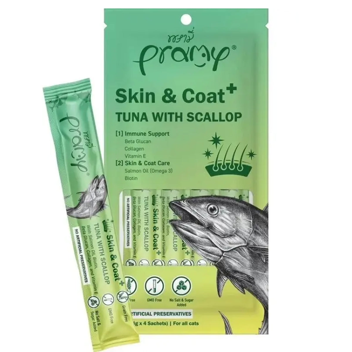Pramy Skin & Coat Tuna & Scallop Treat 14gx4 for Cats