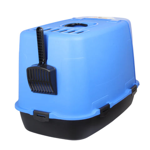 Pet Hooded Litter Tray Box with Scoop. Carbon Filter Litter Box. Blue.