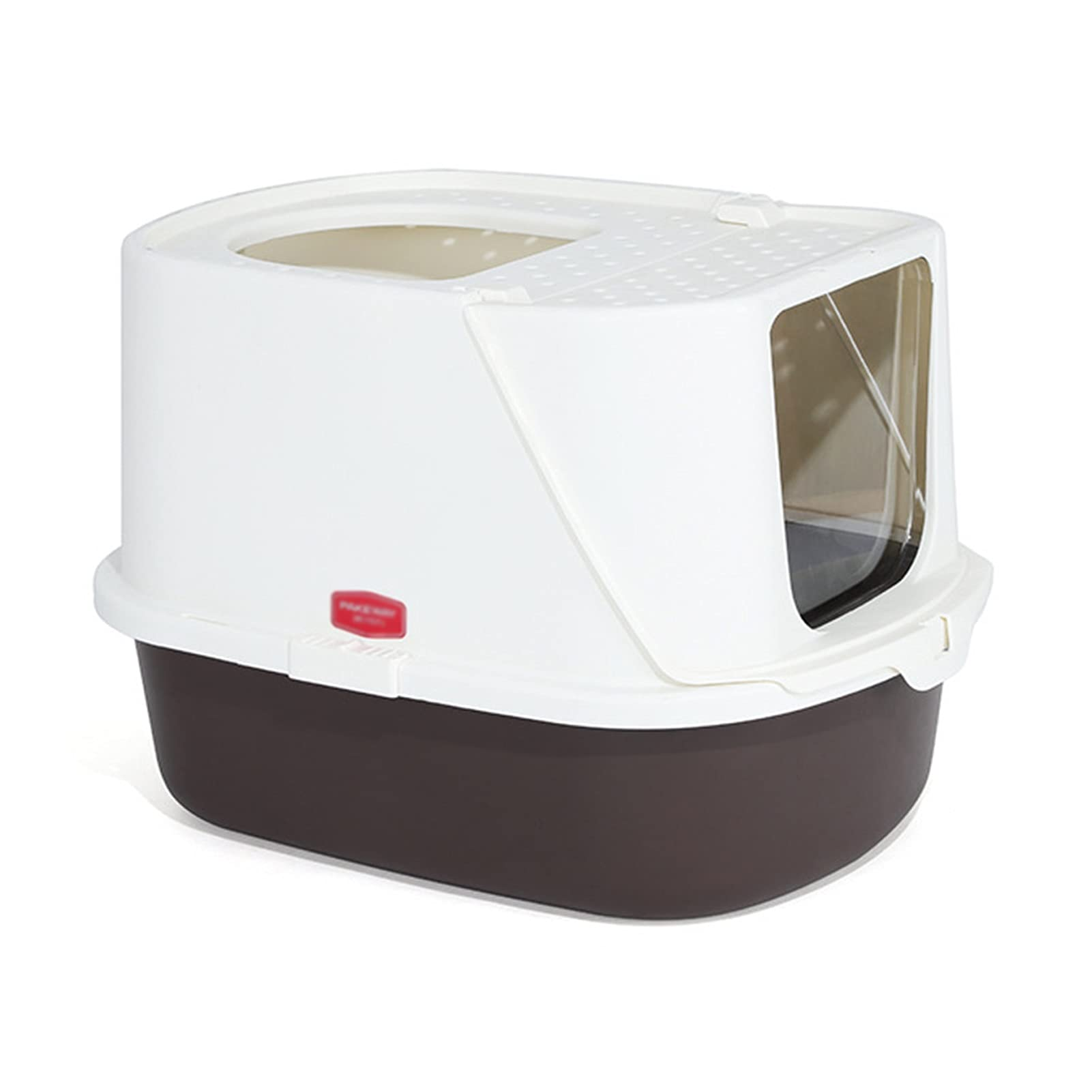 White and brown enclosed cat litter box with top entry and clear door