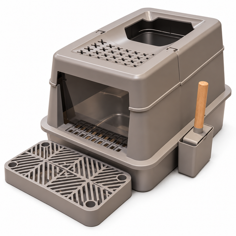 Enclosed Stainless Steel Cat Litter Box with Step and Scoop 60 x 40 x 40 cm