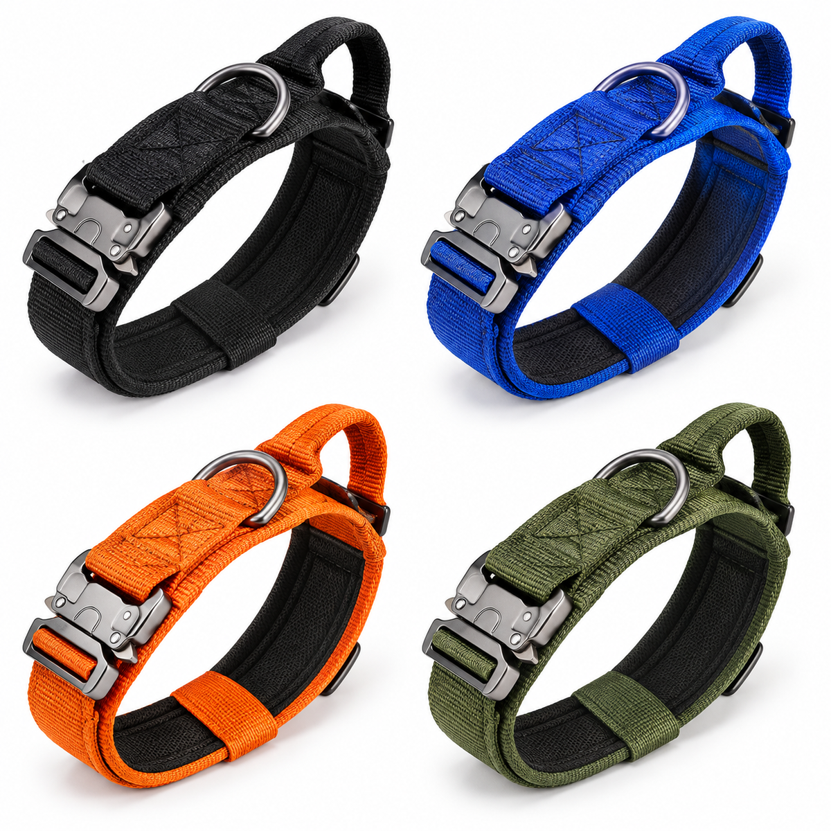 Heavy duty dog collar with handle in black blue orange and green