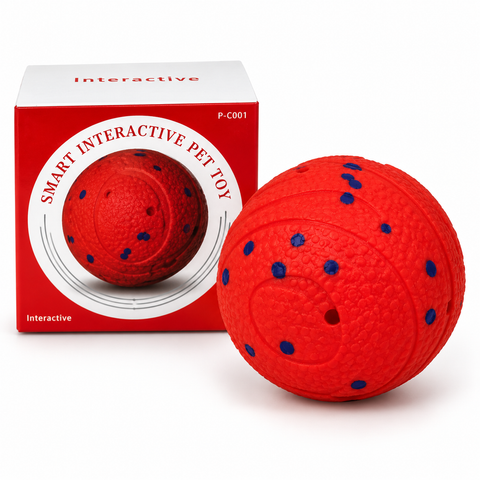 Red interactive textured rubber dog ball toy with blue dots