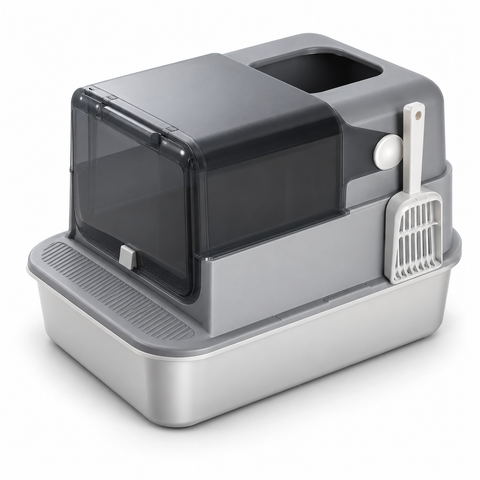 Large grey enclosed cat litter box with scoop 70 by 50 by 45 cm