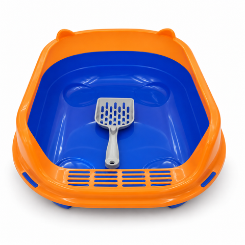 Orange and blue open cat litter box with scoop, 52 x 38 x 22 cm