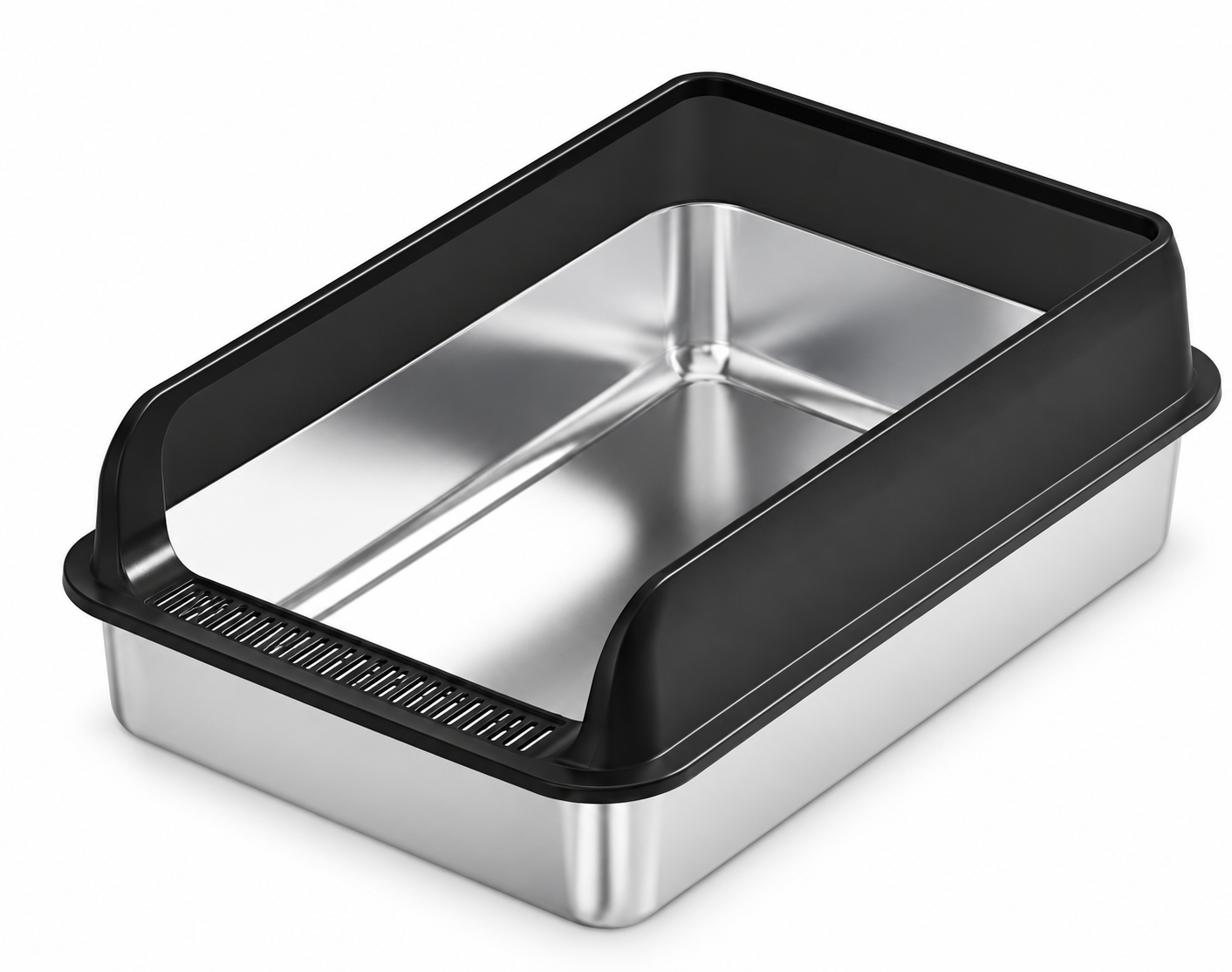 Open Stainless Steel Cat Litter Box with Black Guard 55 x 35 x 22 cm