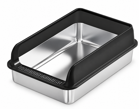 Open Stainless Steel Cat Litter Box with Black Guard 55 x 35 x 22 cm