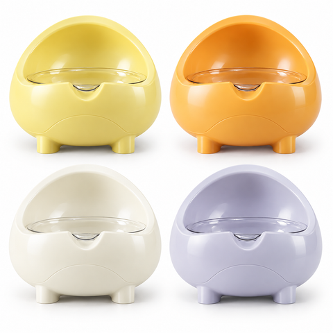 Raised single pet bowl in yellow, orange, white and light gray
