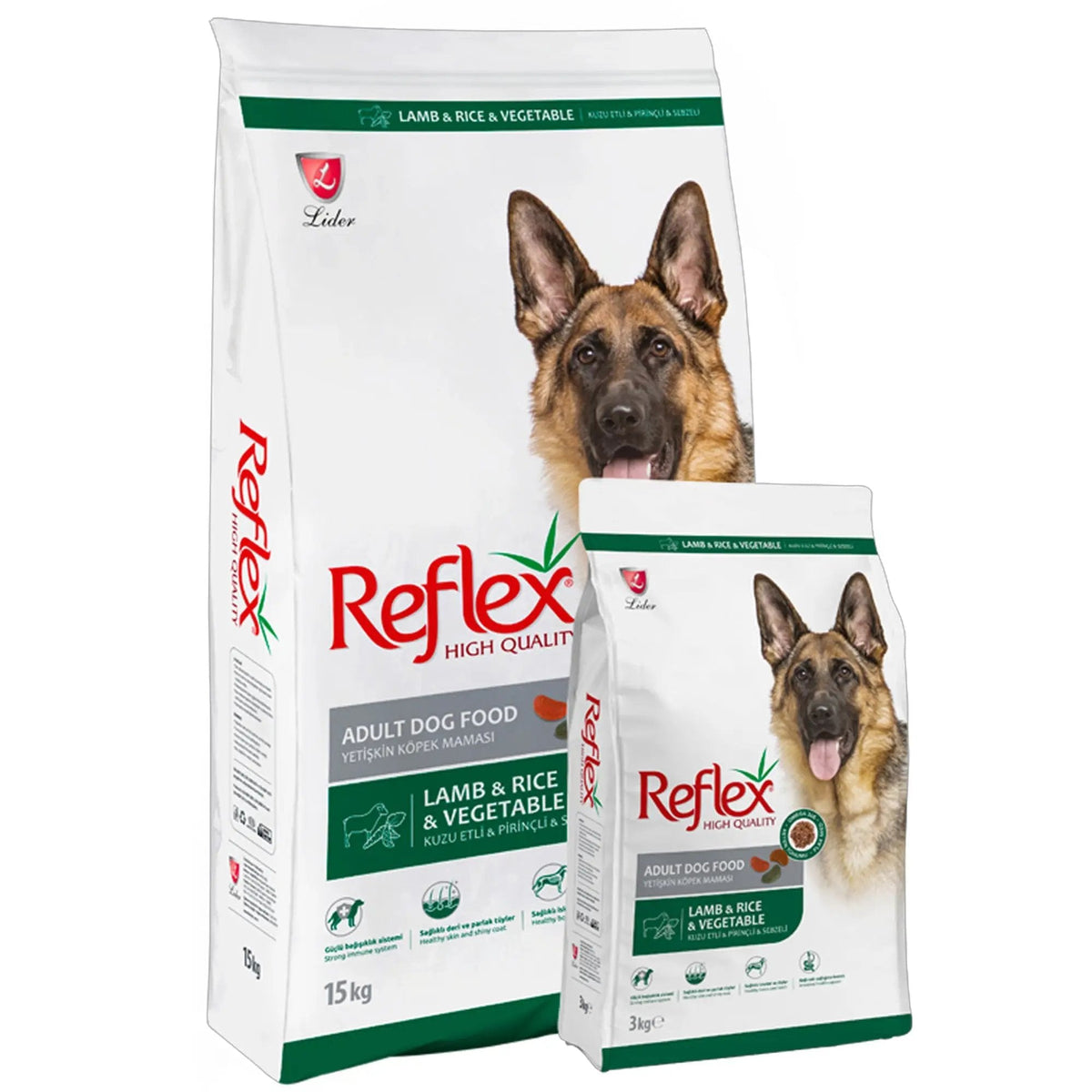 Reflex Lamb Rice and Vegetables adult dog food packaging, including the 3kg bag