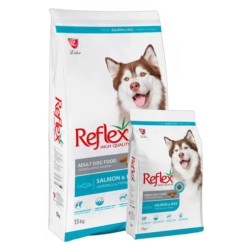 Reflex Adult Dog Food with Salmon and Rice packaging, including the 3kg bag