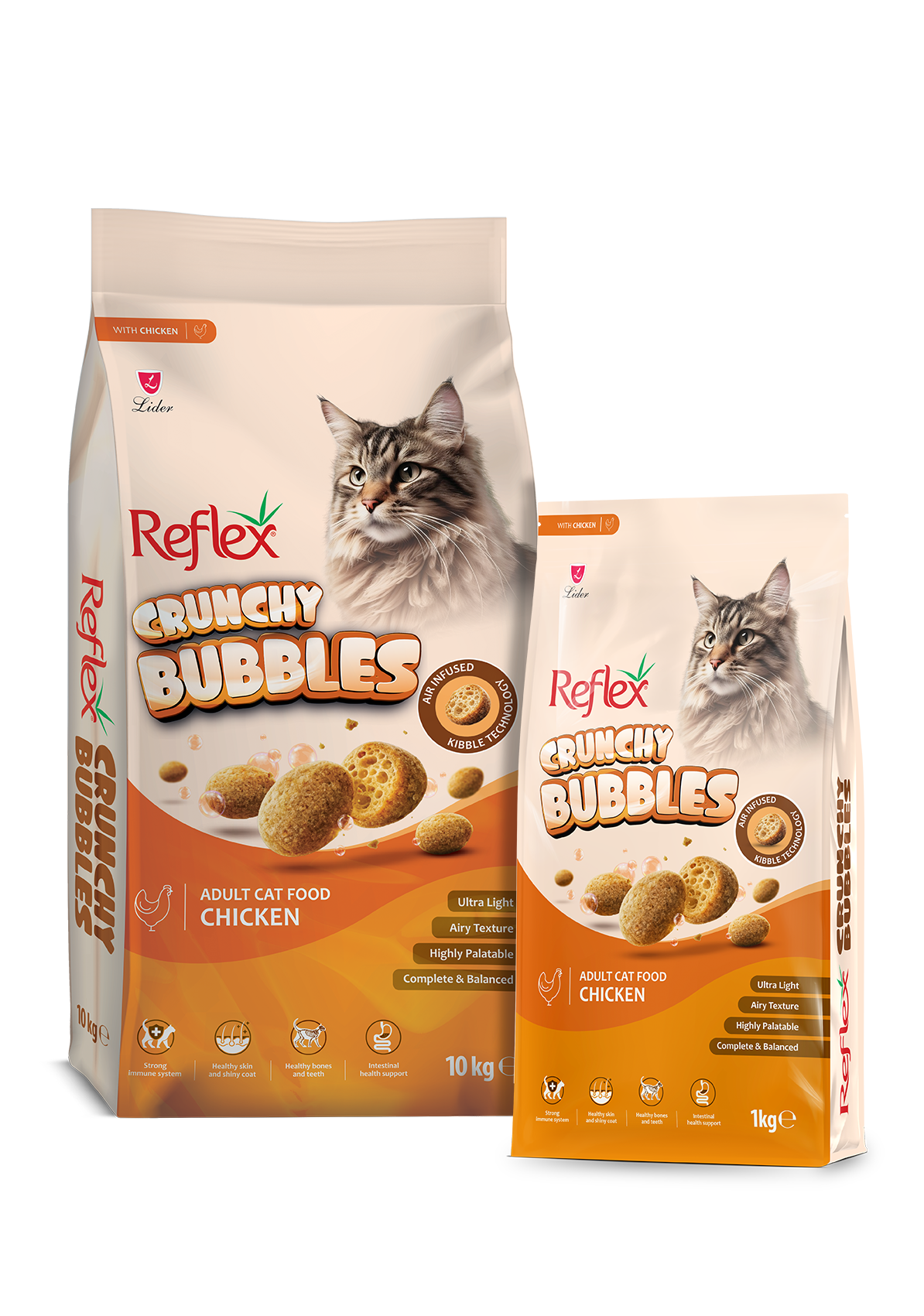 Reflex Crunchy Bubbles Chicken adult cat food 10kg bag, pictured alongside 1kg packaging