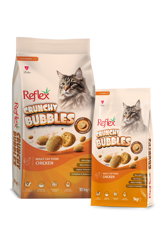 Reflex Crunchy Bubbles Chicken adult cat food 10kg bag, pictured alongside 1kg packaging