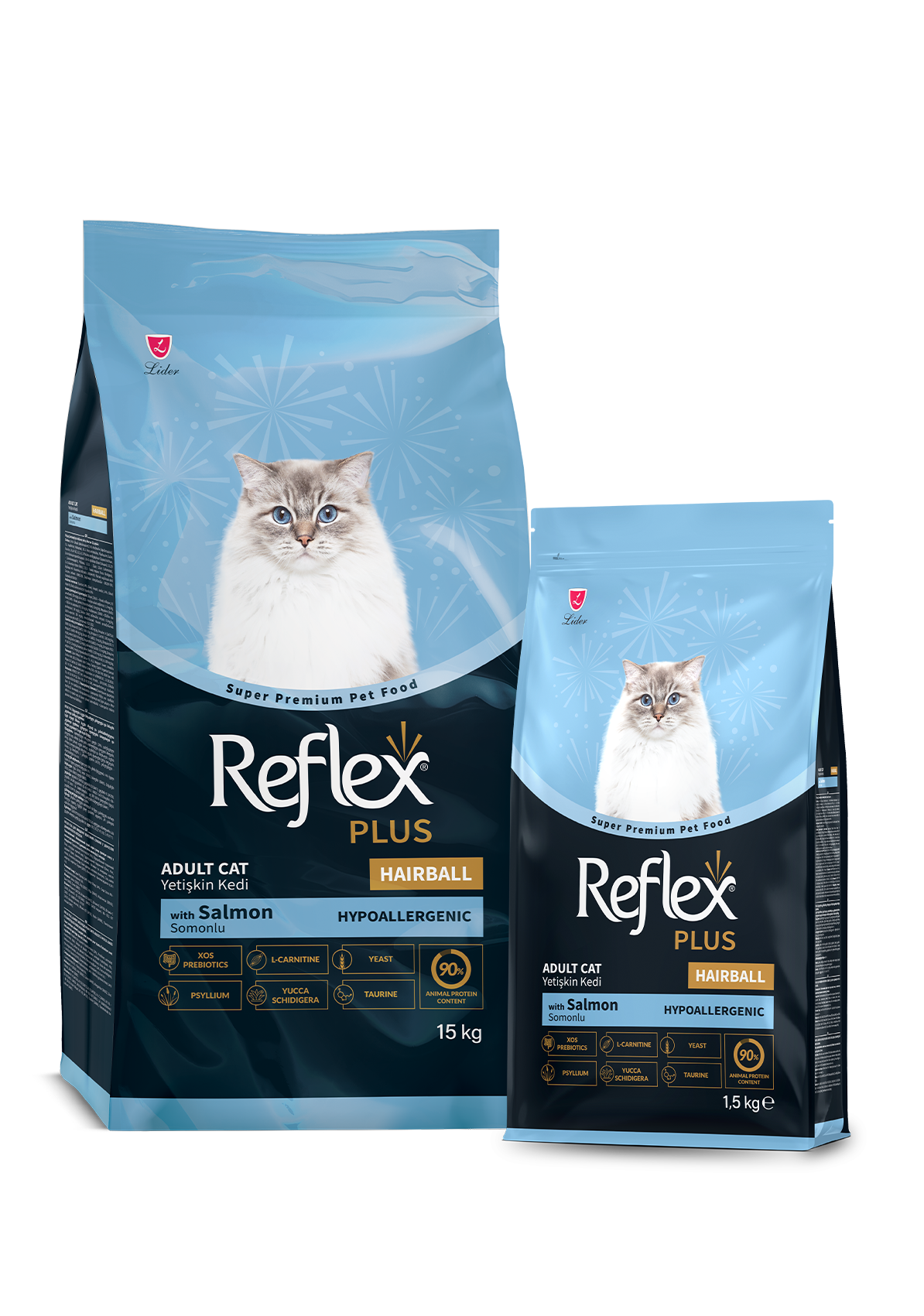 Reflex Plus Hairball Adult Cat Food with Salmon, 15kg and 1.5kg packaging