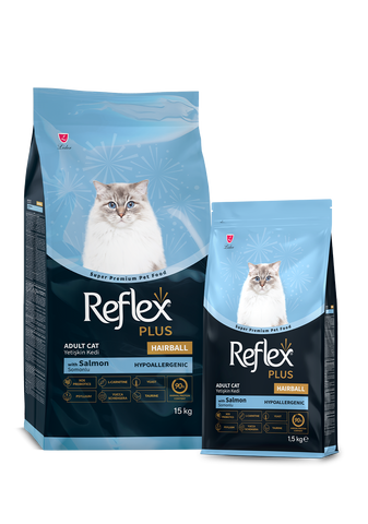 Reflex Plus Hairball Adult Cat Food with Salmon, 15kg and 1.5kg packaging