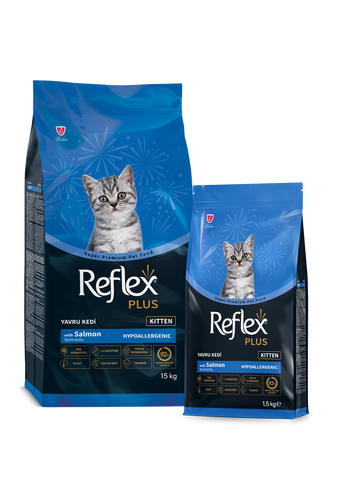 Reflex Plus Kitten Food with Salmon, 15kg and 1.5kg packaging