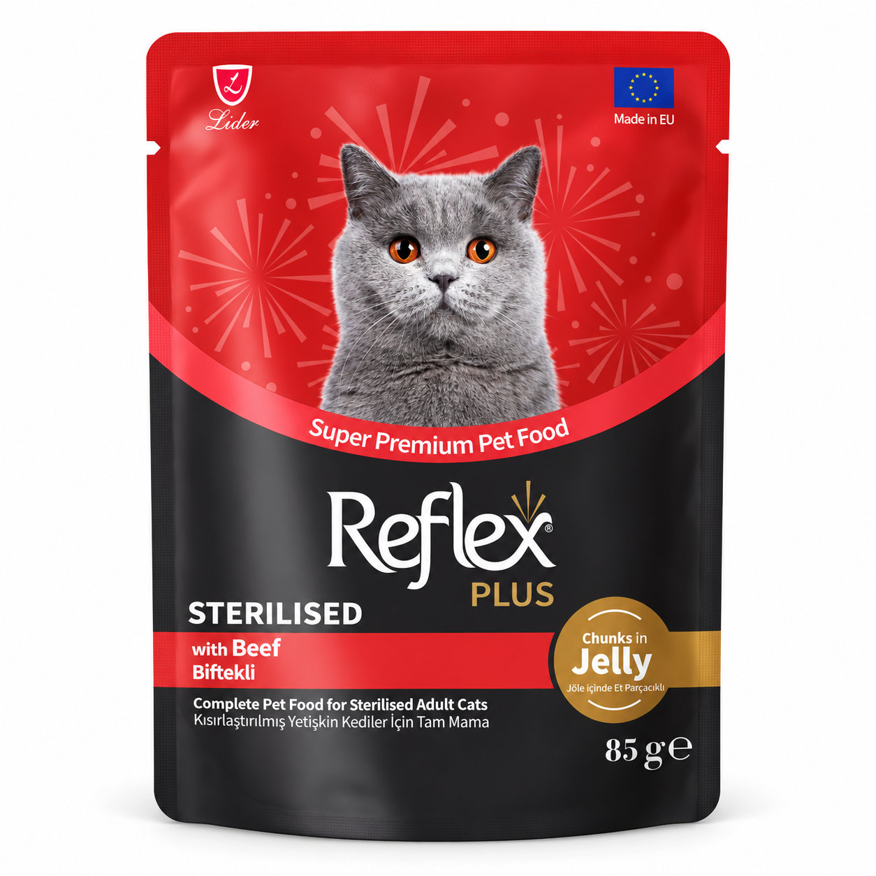 Reflex Plus Sterilised Beef in Jelly Cat Food Pouch 85g