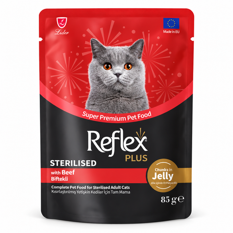 Reflex Plus Sterilised Beef in Jelly Cat Food Pouch 85g