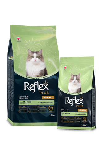 Reflex Plus Urinary Adult Cat Food with Chicken, 15kg and 1.5kg packaging