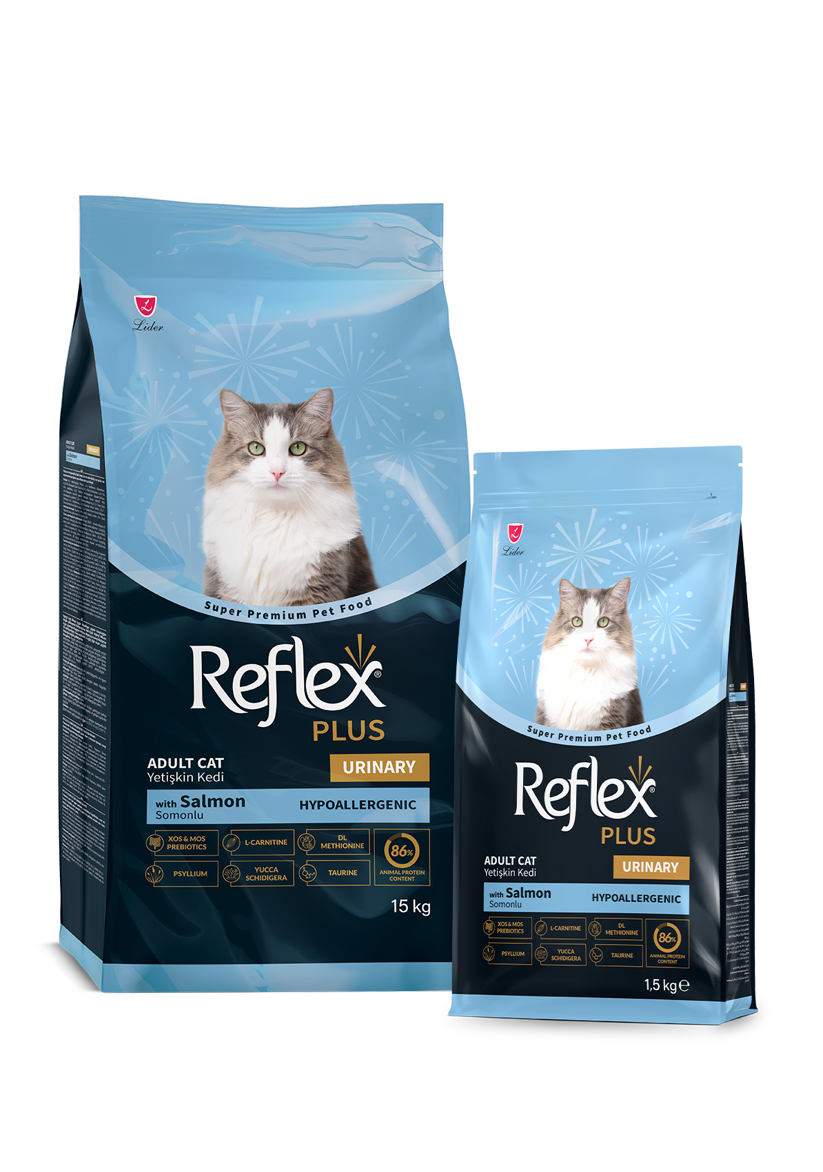 Reflex Plus Urinary Adult Cat Food with Salmon, 15kg and 1.5kg packaging