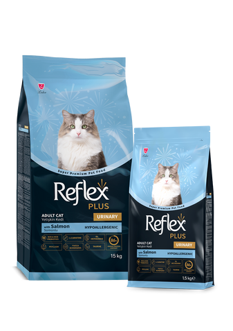 Reflex Plus Urinary Adult Cat Food with Salmon, 15kg and 1.5kg packaging