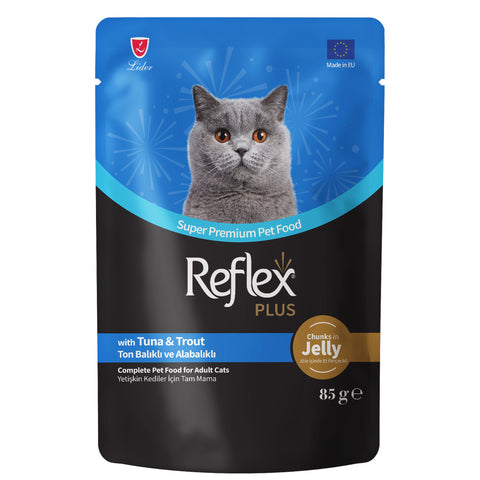 Reflex Plus Adult Cat Food Tuna & Trout Jelly Chunks 85g