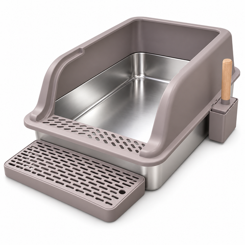 Stainless Steel Cat Litter Box with Step and Scoop 60 x 40 x 30 cm