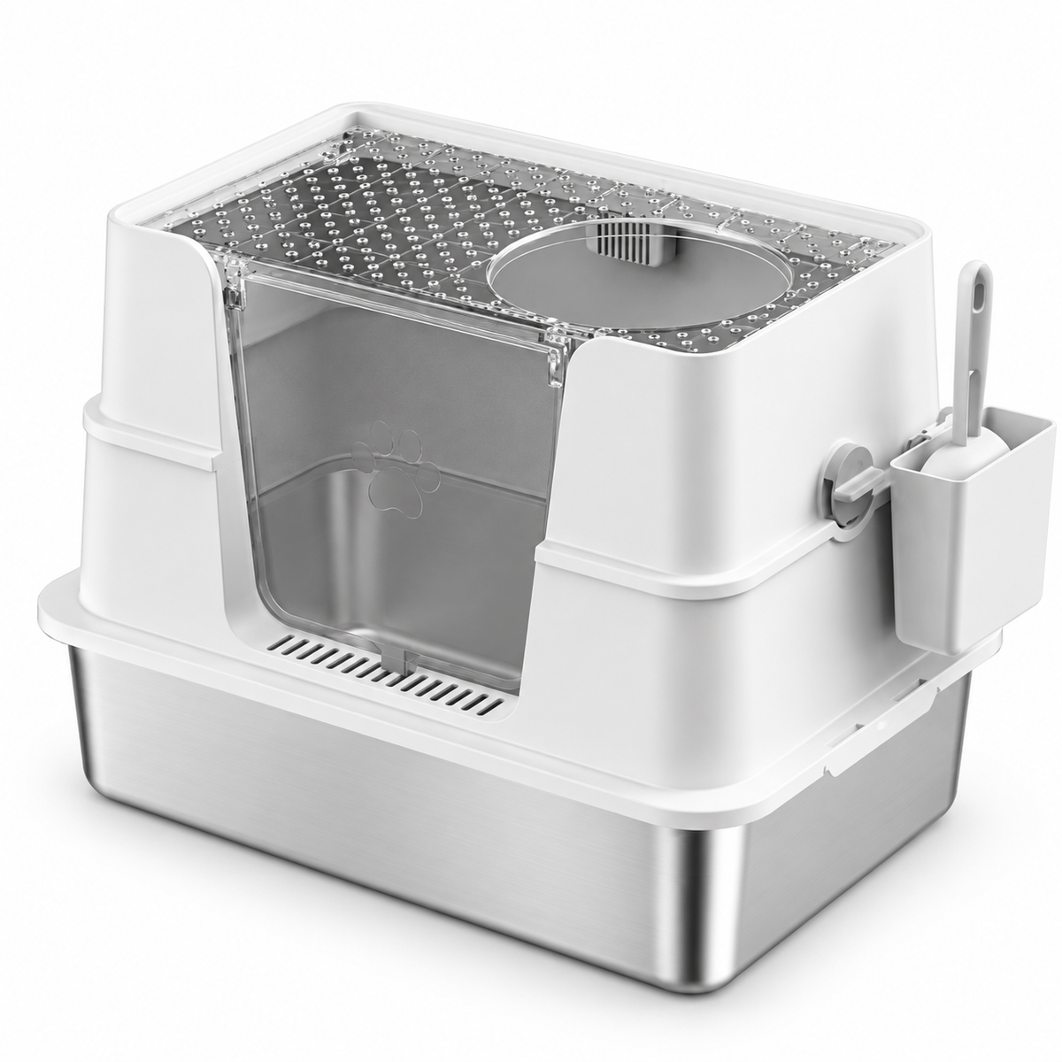 White Stainless Steel Cat Litter Box with Clear Roof and Scoop 44 x 40 x 60 cm