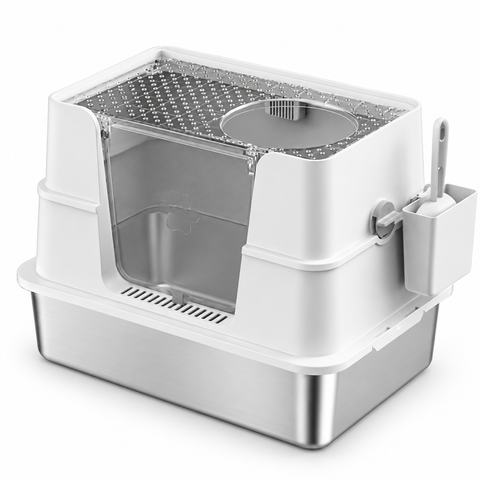 White Stainless Steel Cat Litter Box with Clear Roof and Scoop 44 x 40 x 60 cm